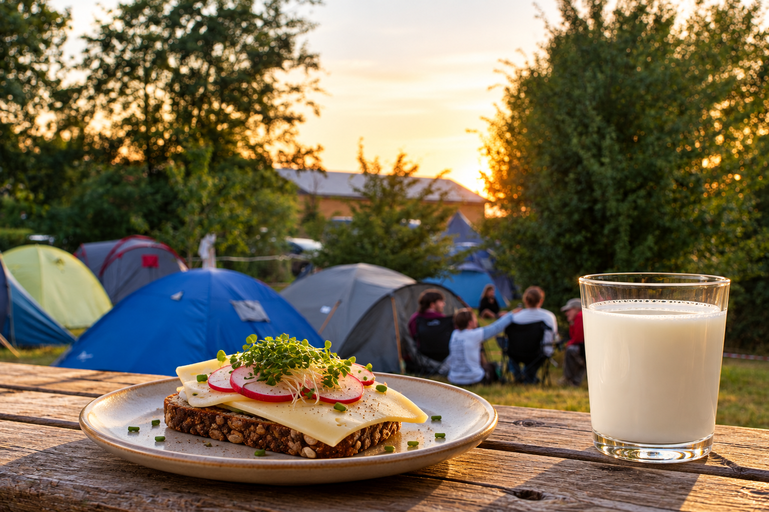 Ostemad og mælk med festivalens campingplads i baggrunden