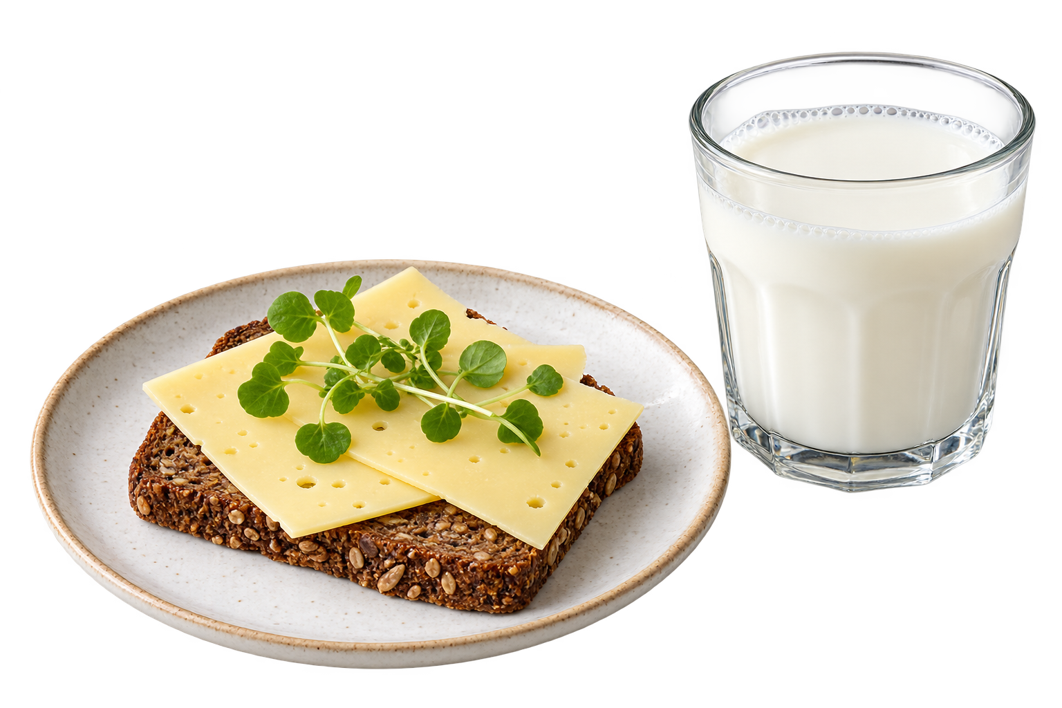 Ostemad på en tallerken og et glas mælk